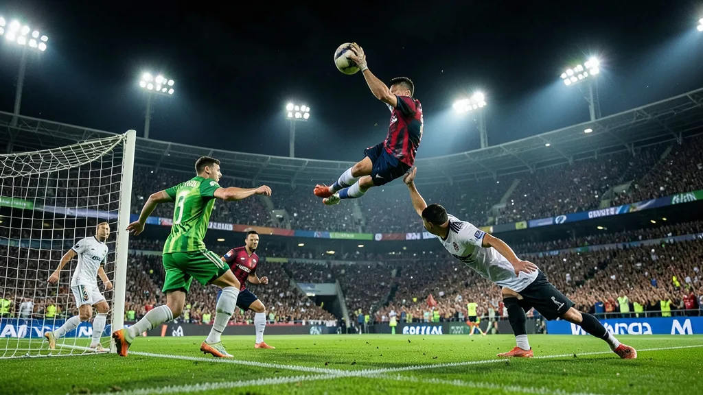Imagem gerada por IA: Jogador executa uma bicicleta diante do gol durante uma partida de futebol.