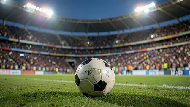Imagem gerada por IA: Bola no gramado de um estádio iluminado, com arquibancadas cheias ao fundo.