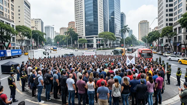 Trio elétrico e apoiadores reunidos perto da avenida Paulista, com policiais acompanhando a concentração.
