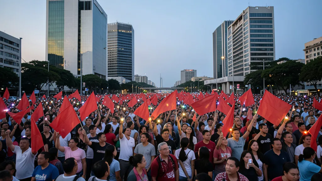 Imagem gerada por IA: Manifestantes com bandeiras e celulares acesos ocupam a Esplanada dos Ministérios ao anoitecer.