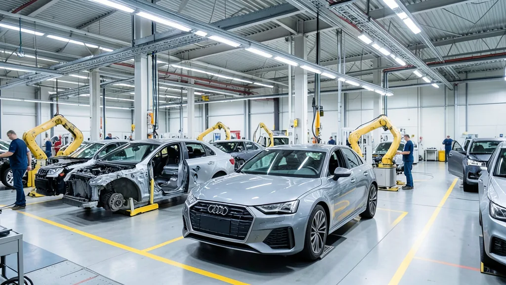 Imagem gerada por IA: Carros em montagem em uma fábrica automotiva moderna.