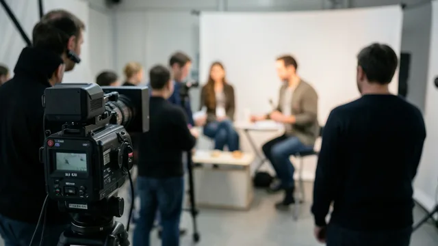 Imagem gerada por IA: Câmera em um set de filmagem preparado para uma entrevista documental.