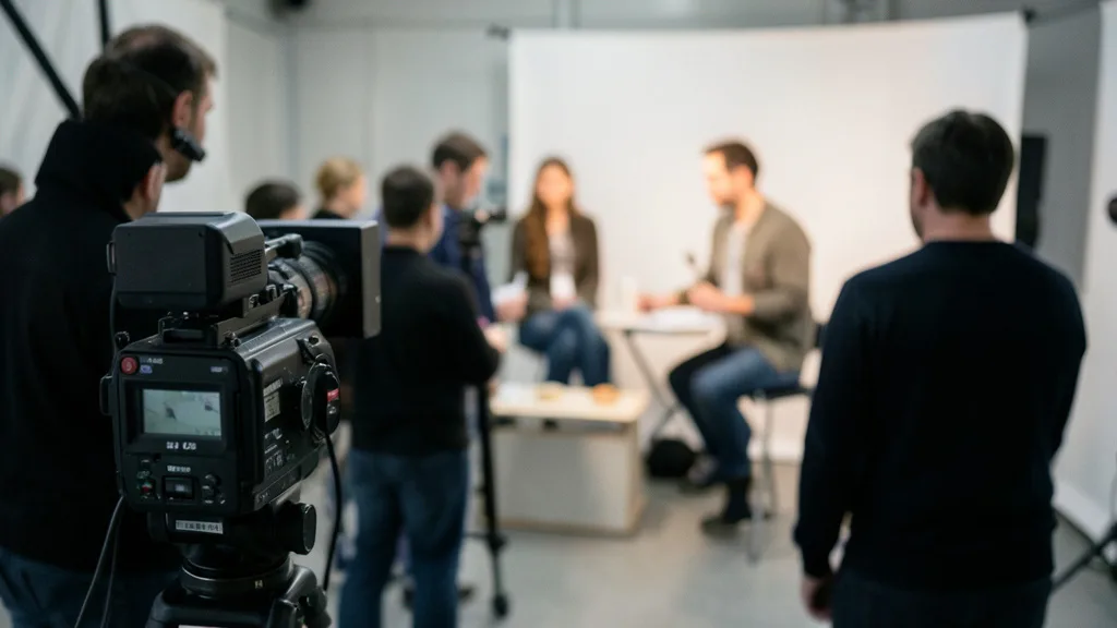 Imagem gerada por IA: Câmera em um set de filmagem preparado para uma entrevista documental.
