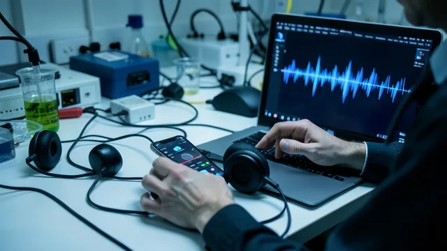 Imagem gerada por IA: Celular e fones de ouvido sobre a mesa de um laboratório de análise digital.