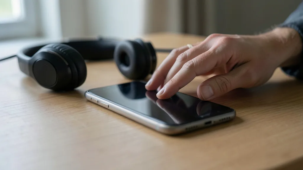 Imagem gerada por IA: Celular e fones sobre uma mesa, enquanto uma pessoa se prepara para ouvir um áudio.