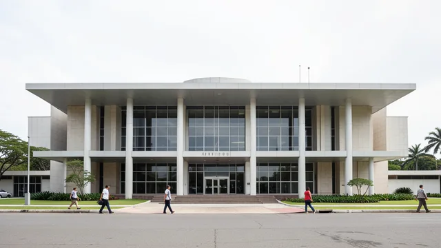 Imagem gerada por IA: Fachada de um prédio público federal em Brasília, com pessoas caminhando ao redor.