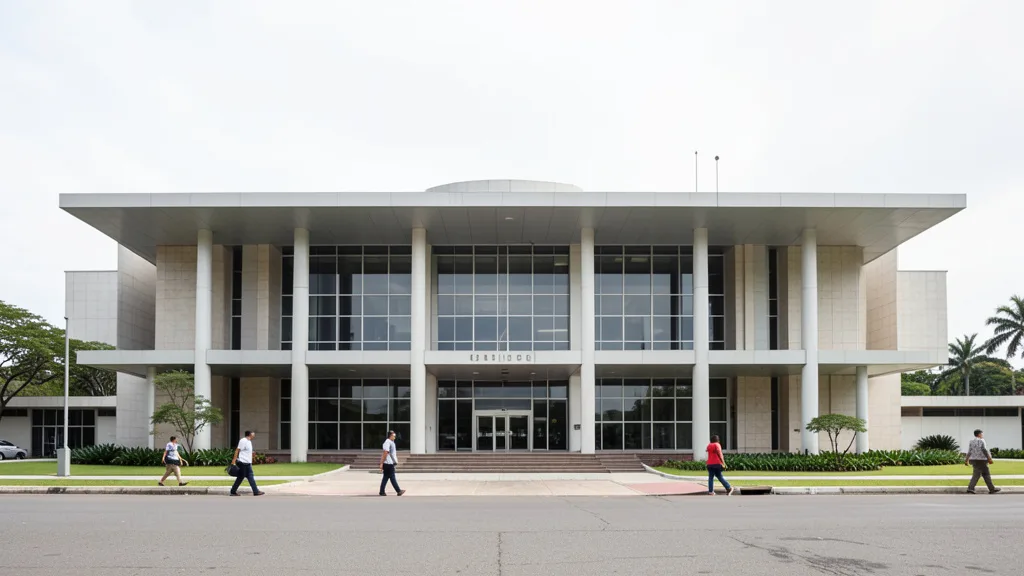 Imagem gerada por IA: Fachada de um prédio público federal em Brasília, com pessoas caminhando ao redor.