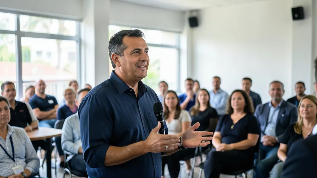 Candidato discursa em um evento de campanha diante de uma plateia.