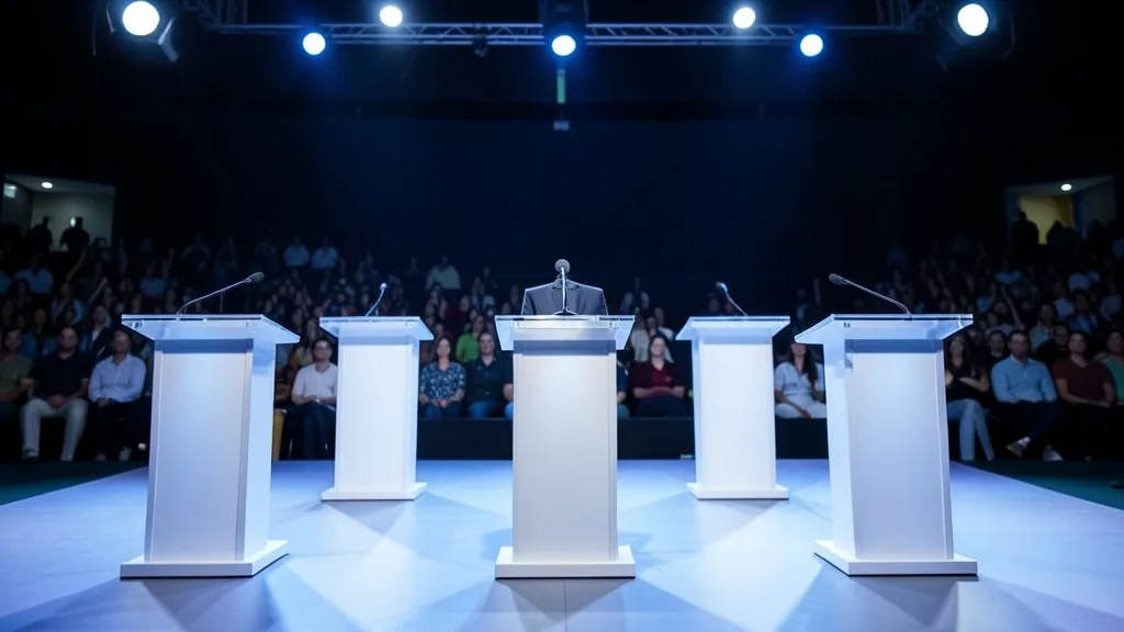 Palco de debate eleitoral com púlpitos vazios e iluminação de estúdio.