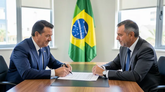 Imagem gerada por IA: Dois políticos analisam e assinam um documento em uma reunião formal.
