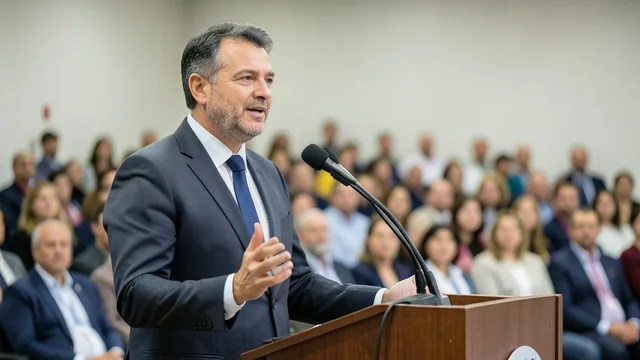 Imagem gerada por IA: Augusto Cury fala em um evento de campanha diante de uma plateia.