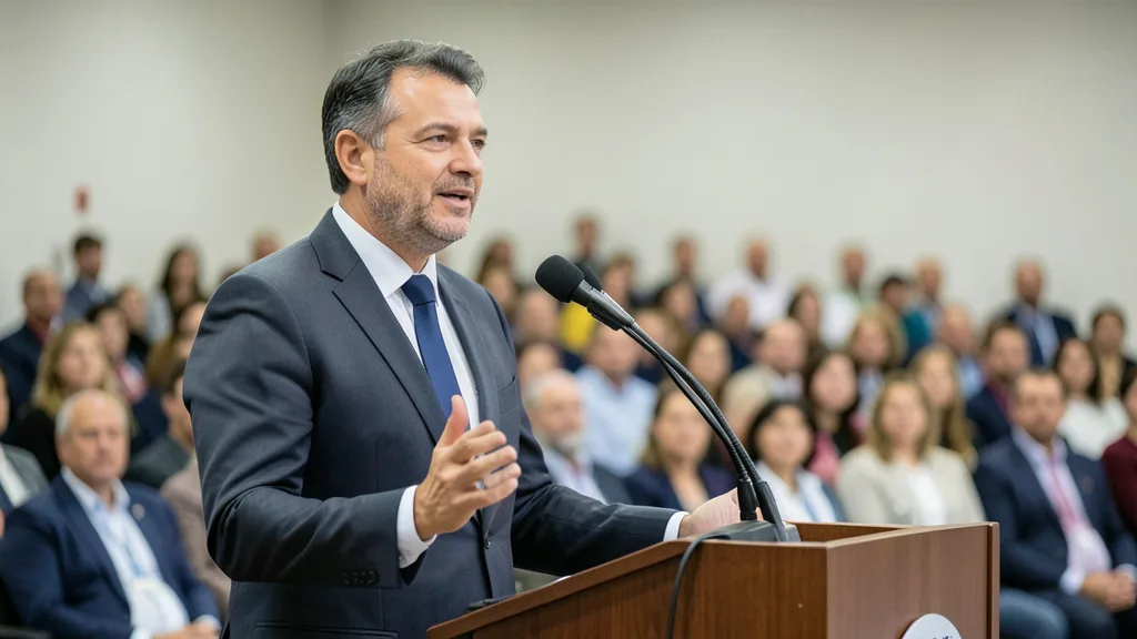 Imagem gerada por IA: Augusto Cury fala em um evento de campanha diante de uma plateia.
