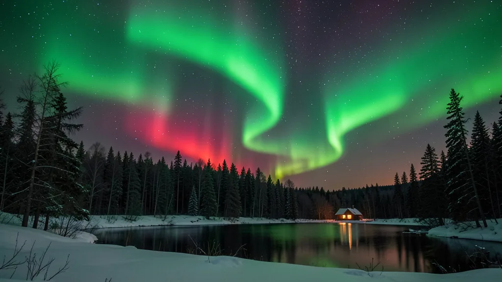 Imagem gerada por IA: Auroras verdes e vermelhas sobre uma floresta nevada na Lapônia finlandesa.