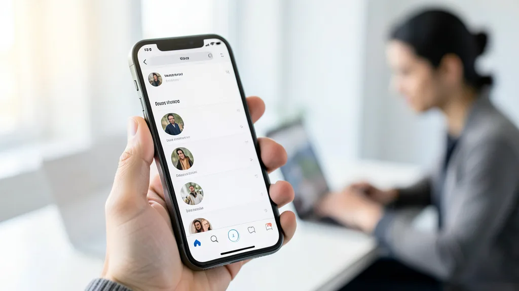 Imagem gerada por IA: Pessoa usa um celular com um feed genérico de redes sociais, enquanto outra utiliza um laptop ao fundo.