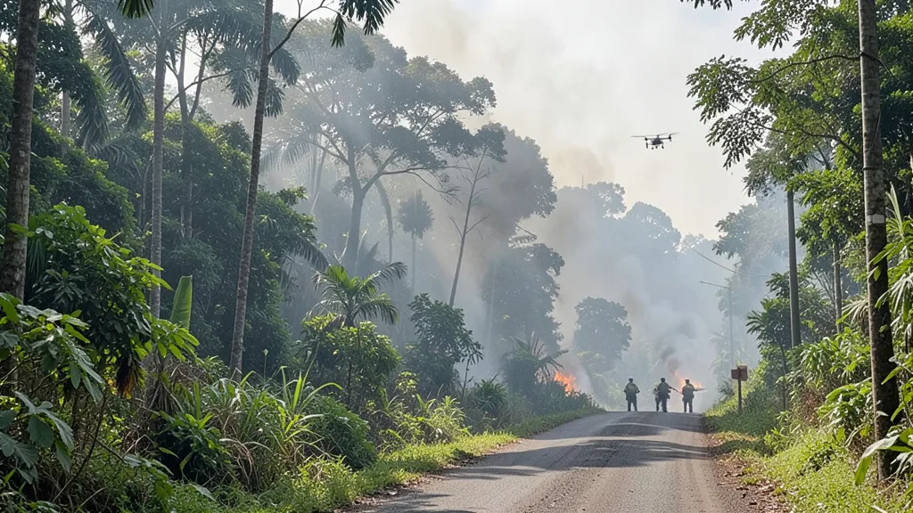 Imagem gerada por IA: Fumaça sobre a floresta amazônica enquanto equipes monitoram áreas de queimadas.