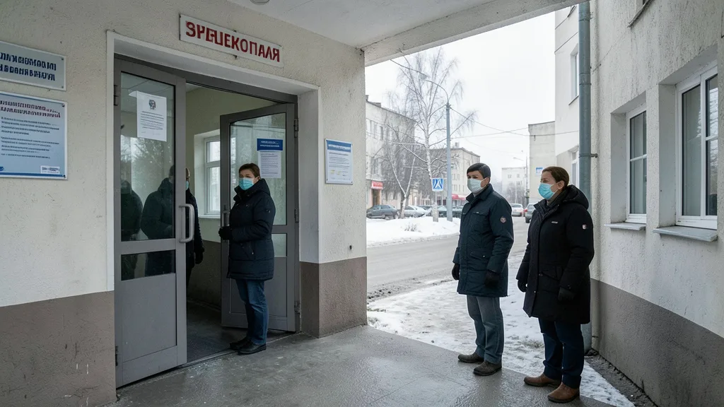 Imagem gerada por IA: Entrada de hospital em Shelekhov, com profissionais usando máscaras como precaução.