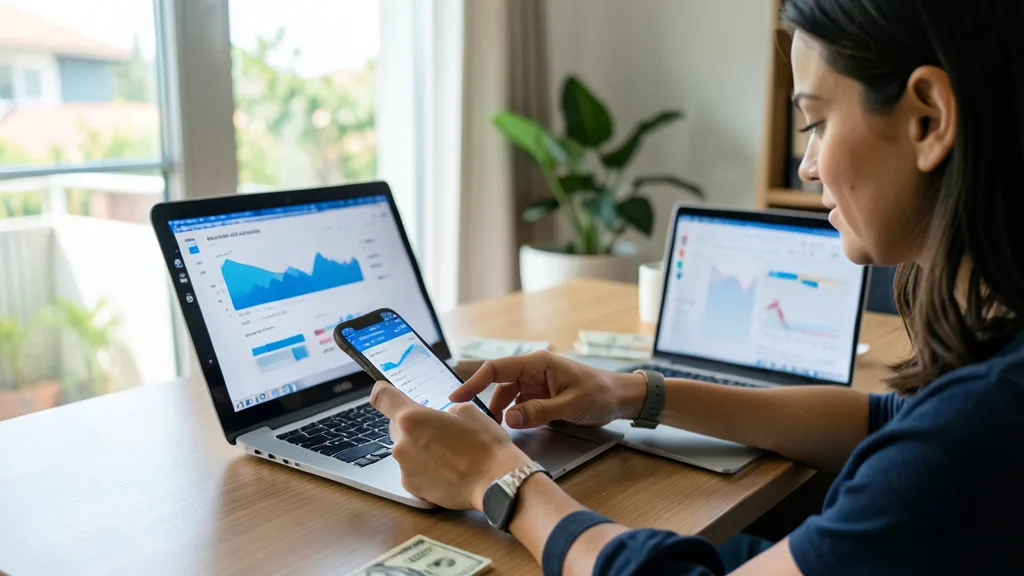 Imagem gerada por IA: Pessoa consulta uma conta de investimentos no celular ao lado de um notebook e notas de dólar.