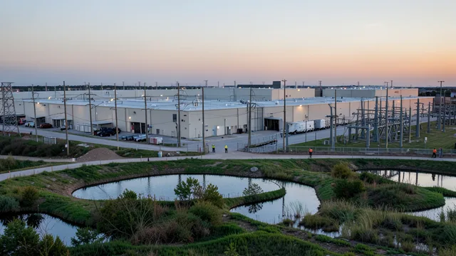 Complexo de data centers nos Estados Unidos, com infraestrutura elétrica e área verde ao redor.