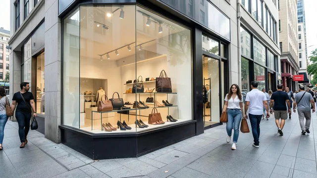 Imagem gerada por IA: Vitrine de moda e calçados em uma rua movimentada.