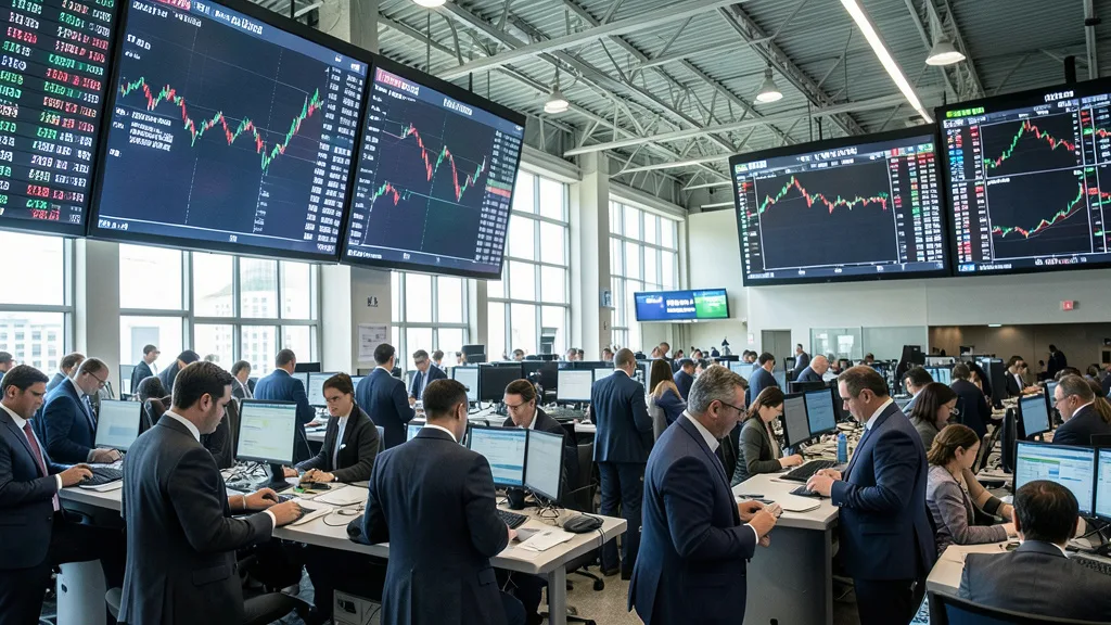 Imagem gerada por IA: Investidores acompanham as negociações em um pregão da Bolsa.