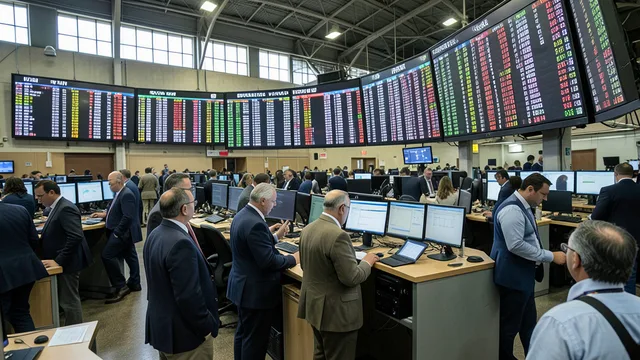 Imagem gerada por IA: Profissionais acompanham as negociações em um pregão da Bolsa durante um dia de forte volatilidade.
