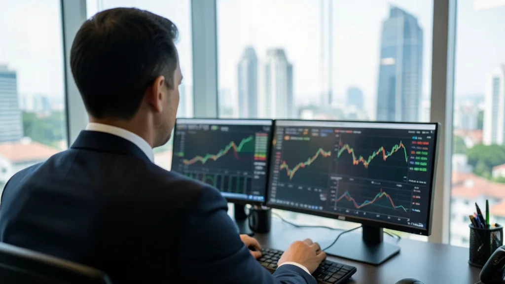 Imagem gerada por IA: Profissional acompanha dados do mercado financeiro em um escritório de negociação.