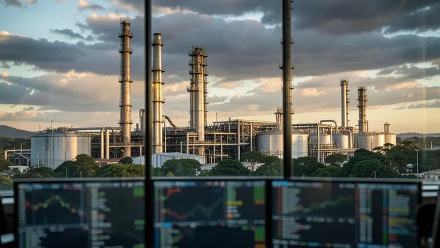 Imagem gerada por IA: Complexo petroquímico com torres e tubulações, associado à reestruturação financeira da Braskem.