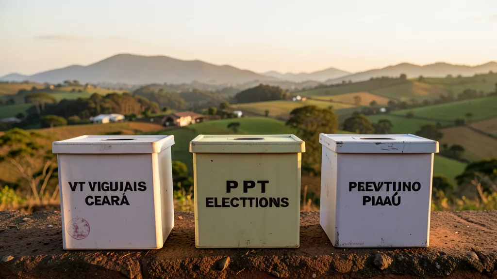 Imagem gerada por IA: Urnas eleitorais diante de paisagens que evocam estados do Nordeste.