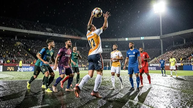 Imagem gerada por IA: Jogadores do Bahia comemoram o gol da vitória em campo molhado e iluminado à noite.