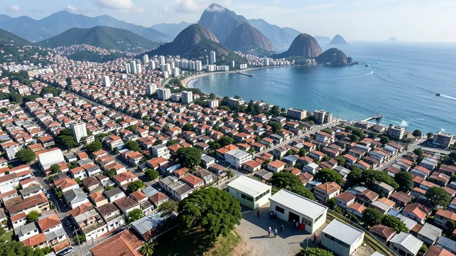Imagem gerada por IA: Vista urbana do Rio de Janeiro, com eleitores genéricos próximos a um local de votação.