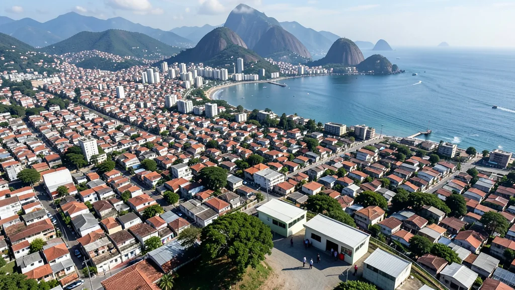 Imagem gerada por IA: Vista urbana do Rio de Janeiro, com eleitores genéricos próximos a um local de votação.