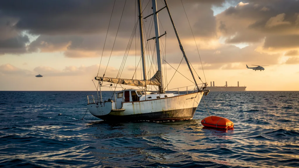 Imagem gerada por IA: Iate danificado e balsa salva-vidas no Pacífico Sul, com um navio ao longe.