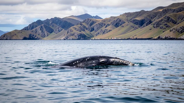 Imagem gerada por IA: Baleia-franca-austral emerge nas águas do Golfo Nuevo, na Patagônia argentina.
