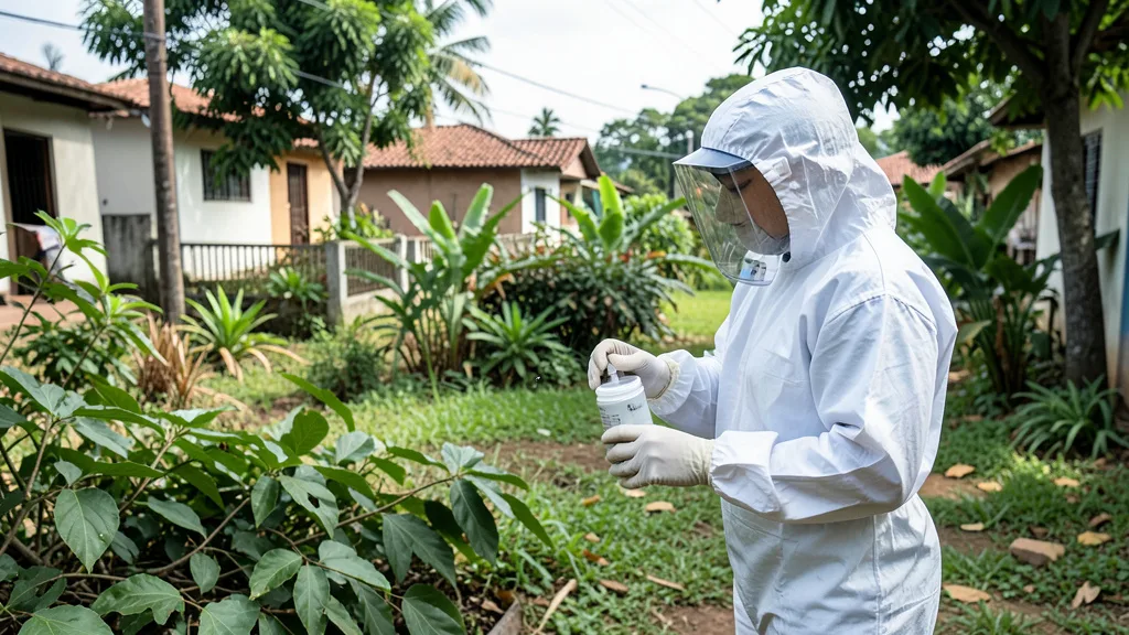 Imagem gerada por IA: Agente de controle de endemias realiza ação de prevenção contra o mosquito em área residencial.