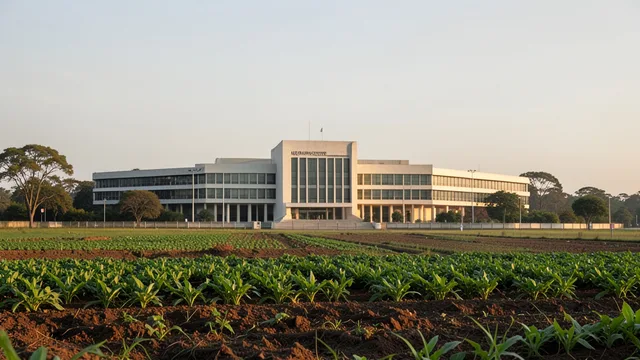 Imagem gerada por IA: Congresso Nacional ao fundo e lavoura verde em primeiro plano.