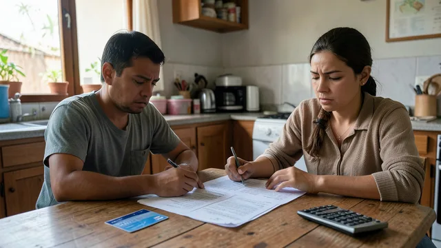 Imagem gerada por IA: Família analisa contas e documentos de empréstimos à mesa.
