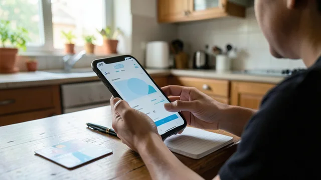 Imagem gerada por IA: Pessoa consulta as finanças no celular, com um cartão bancário e um caderno sobre a mesa.