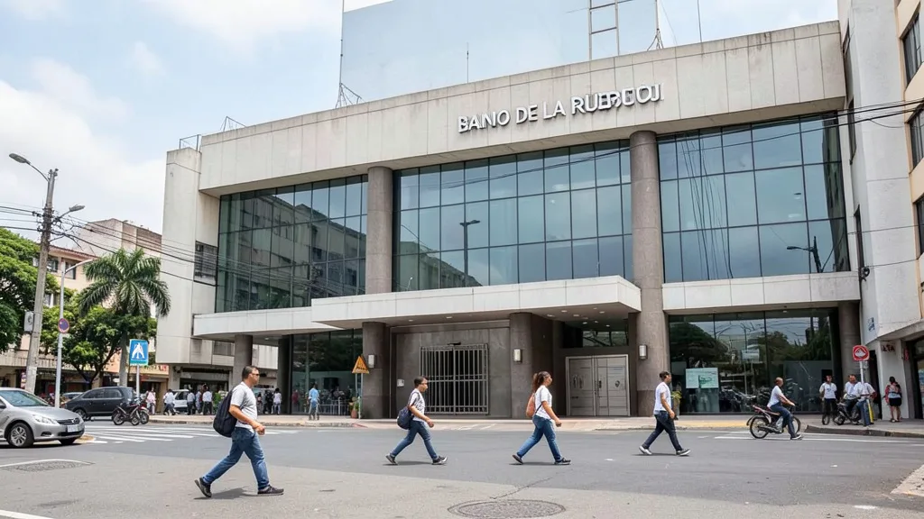 Imagem gerada por IA: Edifício do Banco de la República em Bogotá, com pessoas atravessando a praça.