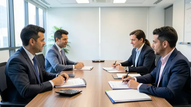 Imagem gerada por IA: Representantes de trabalhadores e empregadores participam de uma negociação coletiva em uma sala de reuniões.