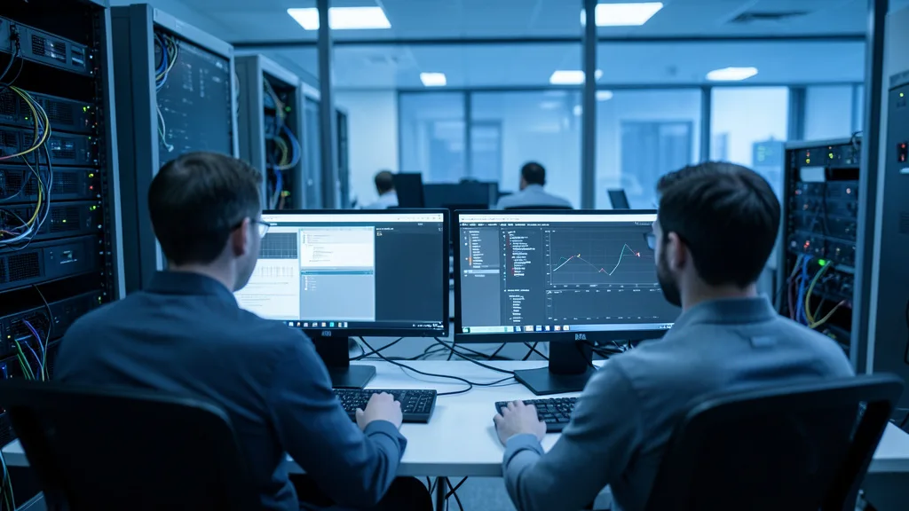 Imagem gerada por IA: Profissionais monitoram sistemas de segurança digital em uma central de operações financeiras.