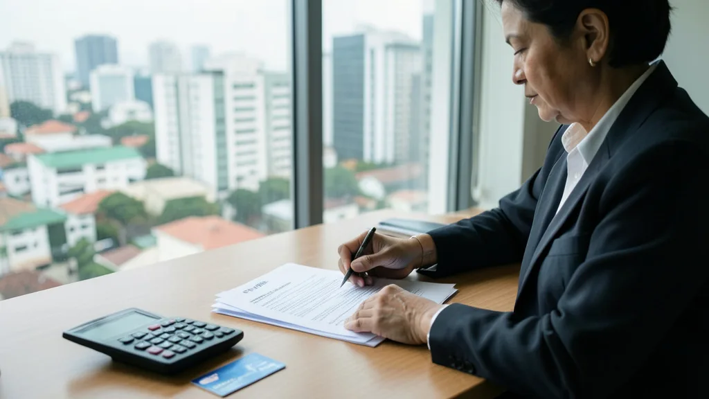 Imagem gerada por IA: Cliente analisa documentos de empréstimo e uma calculadora em uma mesa.