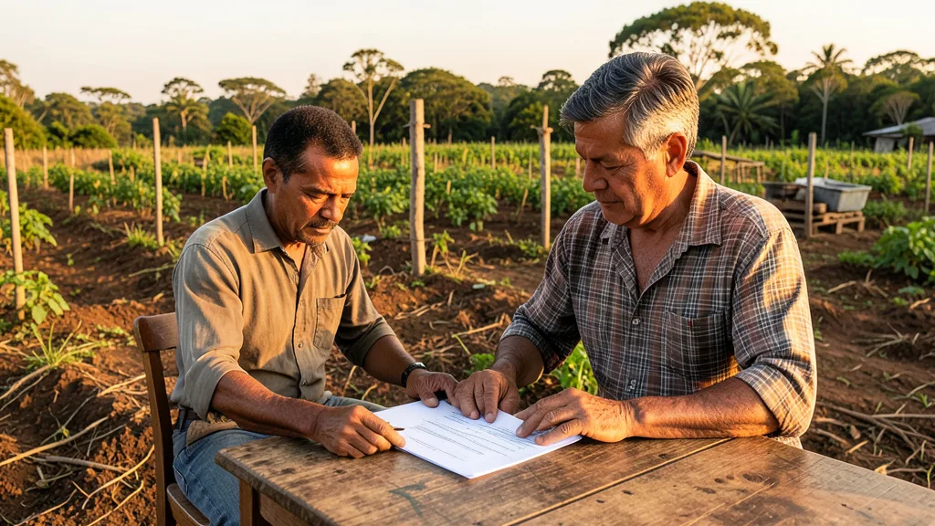 Imagem gerada por IA: Produtor rural analisa documentos em uma propriedade agrícola.