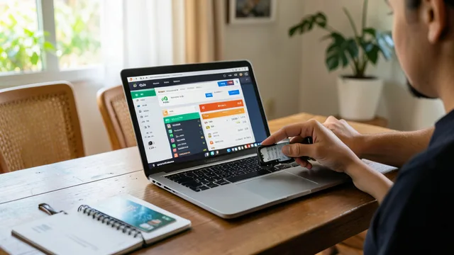 Imagem gerada por IA: Pessoa consulta a conta bancária no celular ao lado de um computador e um cartão bancário.