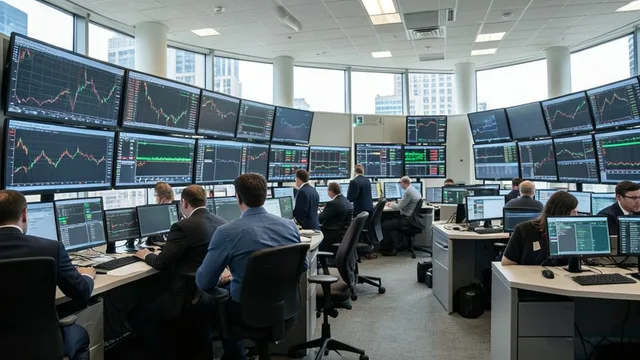 Imagem gerada por IA: Operadores trabalham diante de telas em uma mesa de negociação de um banco.
