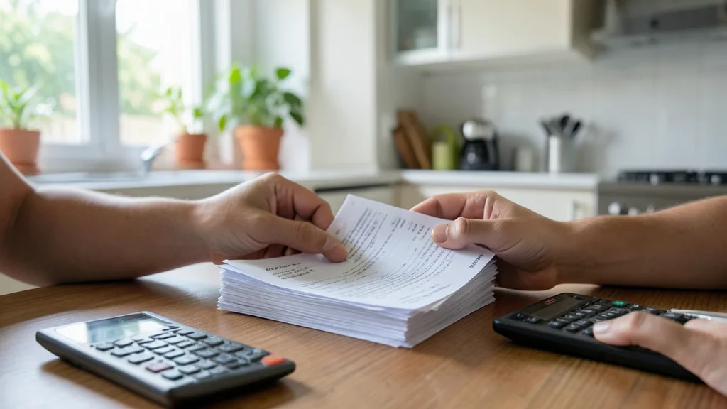 Imagem gerada por IA: Pessoa analisa contas atrasadas e documentos financeiros sobre uma mesa.