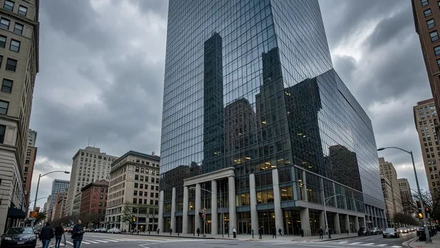 Imagem gerada por IA: Edifício de um grande banco em um distrito financeiro sob céu nublado.
