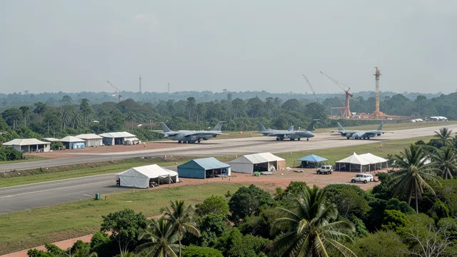 Imagem gerada por IA: Aeronaves militares e tendas próximas à pista de uma base aérea cercada por vegetação.