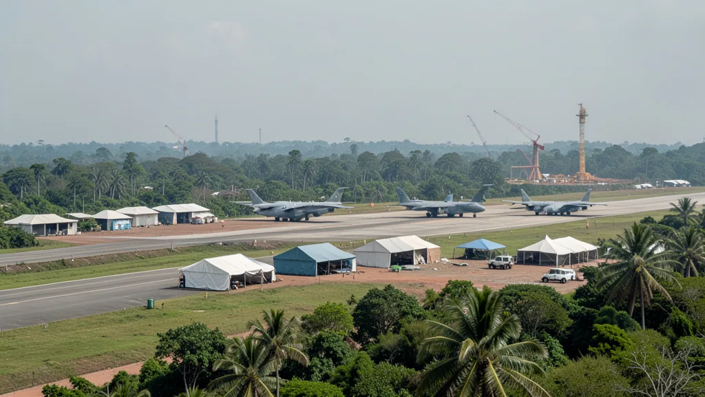Imagem gerada por IA: Aeronaves militares e tendas próximas à pista de uma base aérea cercada por vegetação.