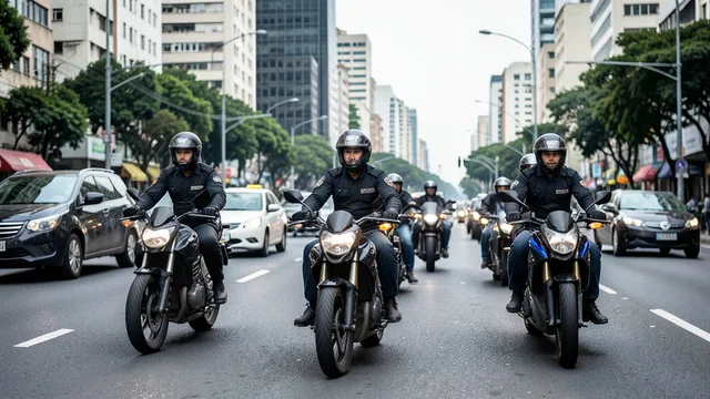 Imagem gerada por IA: Policiais militares em motocicletas patrulham uma avenida movimentada de São Paulo.