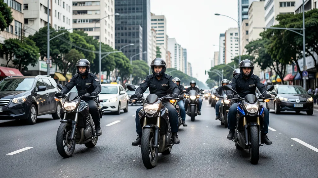 Imagem gerada por IA: Policiais militares em motocicletas patrulham uma avenida movimentada de São Paulo.